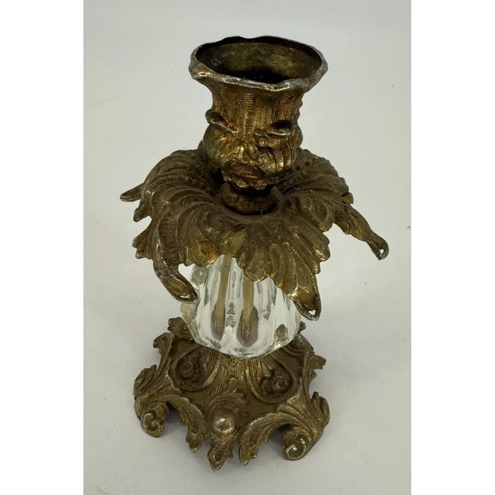 vtg Hollywood Regency Style Cherub Face Candle Holder Gold Gilt Metal Glass 1973